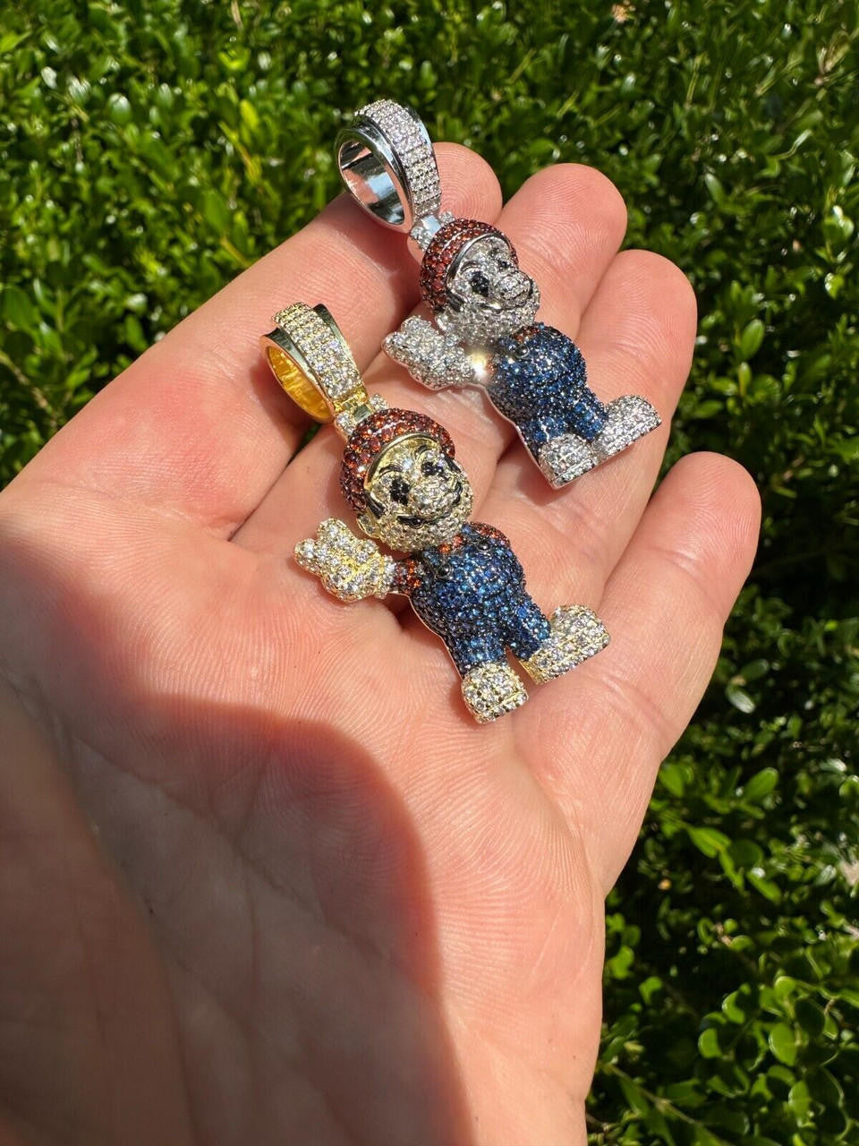 Super Mario Bros Iced Out Pendant - 14k Gold Vermeil Or 925 Silver - CZ Stones - Medium 2"