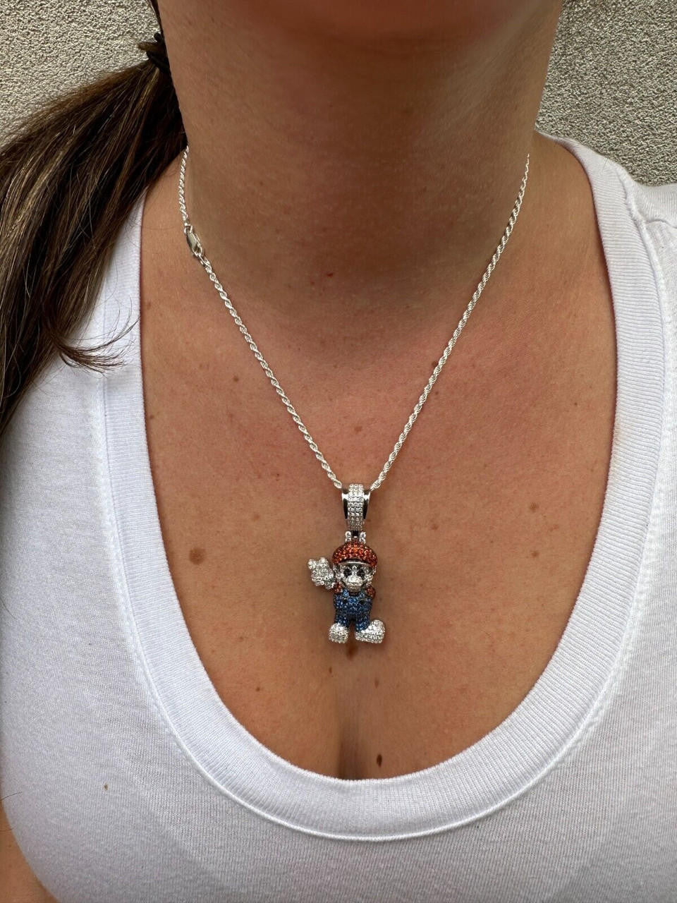 Super Mario Bros Iced Out Pendant - 14k Gold Vermeil Or 925 Silver - CZ Stones - Medium 2"
