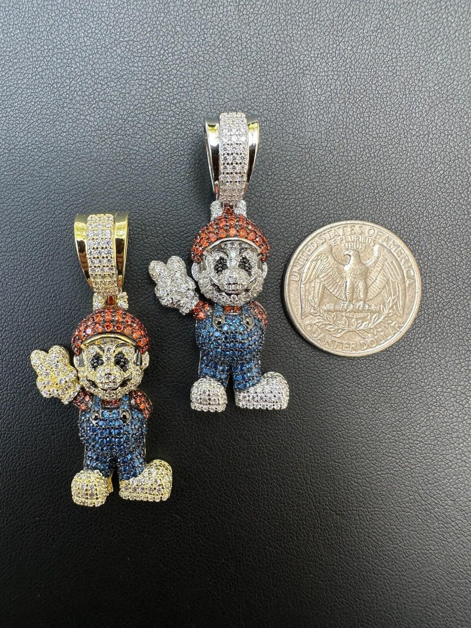 Super Mario Bros Iced Out Pendant - 14k Gold Vermeil Or 925 Silver - CZ Stones - Medium 2"