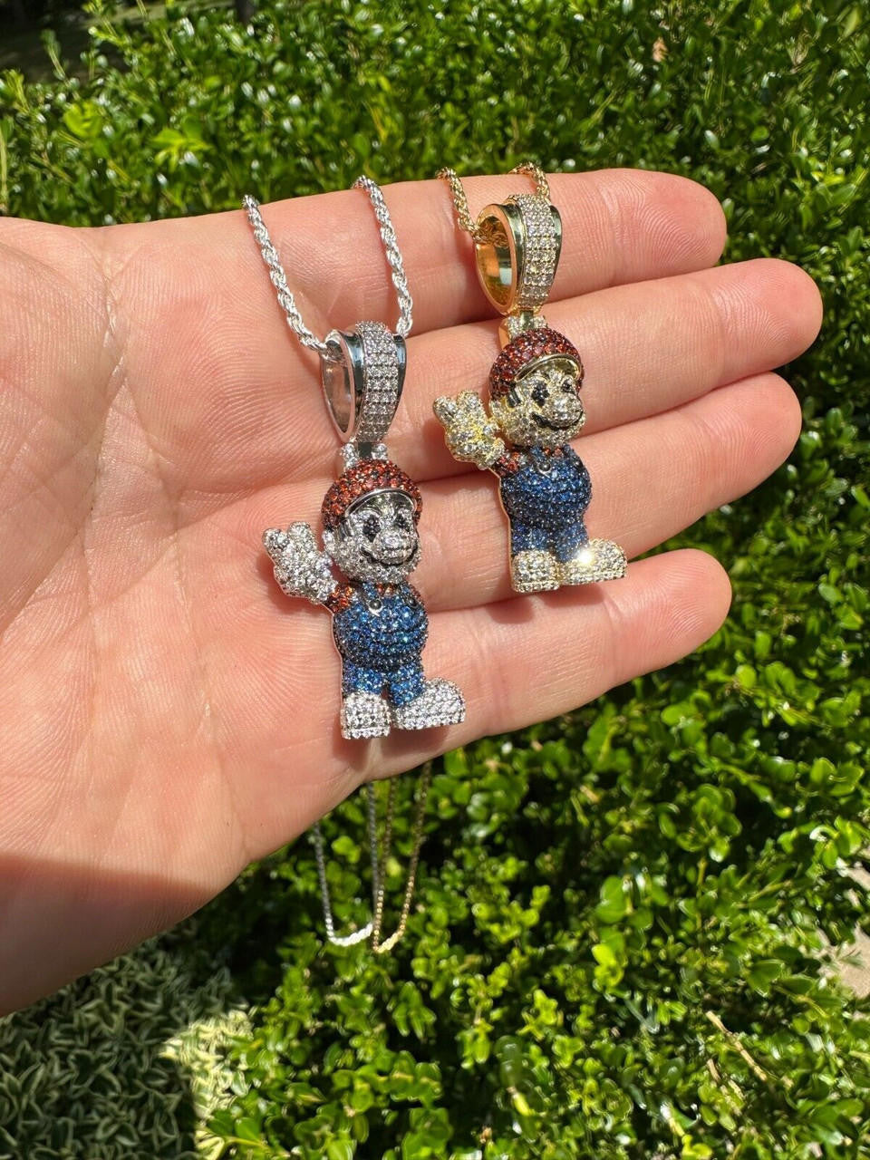 Super Mario Bros Iced Out Pendant - 14k Gold Vermeil Or 925 Silver - CZ Stones - Medium 2"