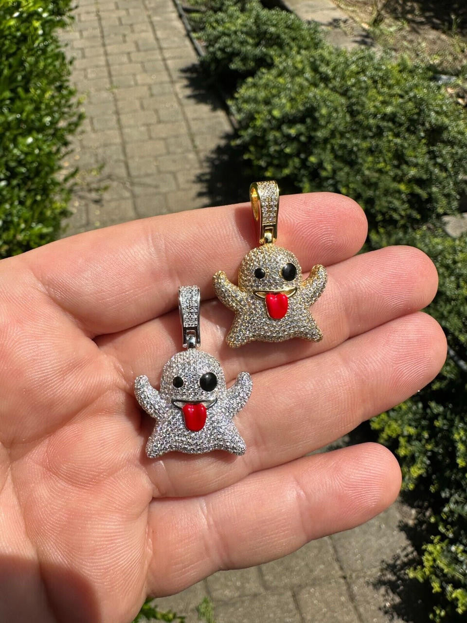 Laughing Ghost Piece Pendant - 14k Gold Vermeil Or 925 Silver - CZ Stones - Small 1"