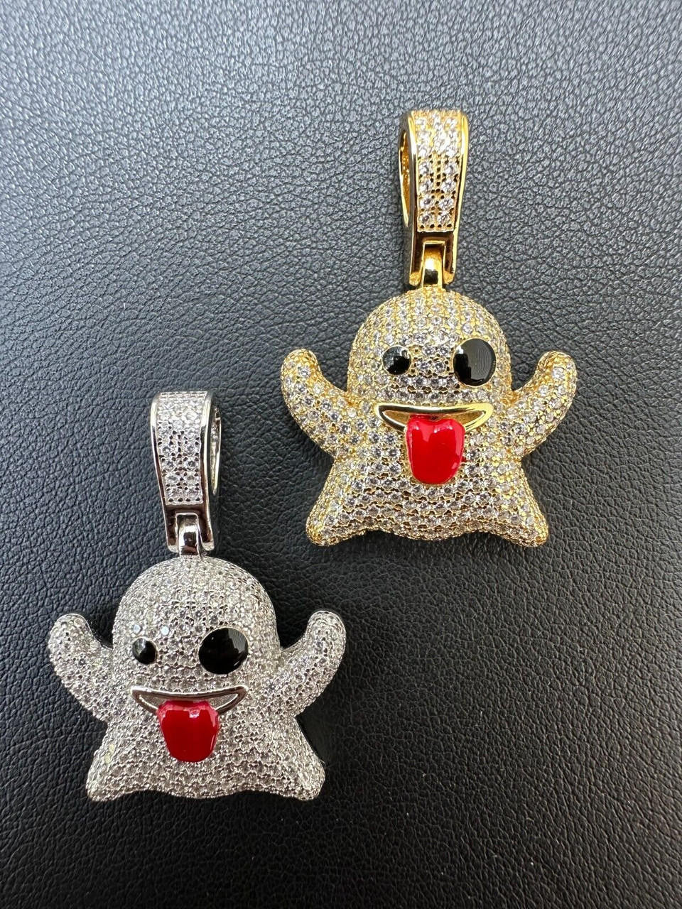 Laughing Ghost Piece Pendant - 14k Gold Vermeil Or 925 Silver - CZ Stones - Small 1"