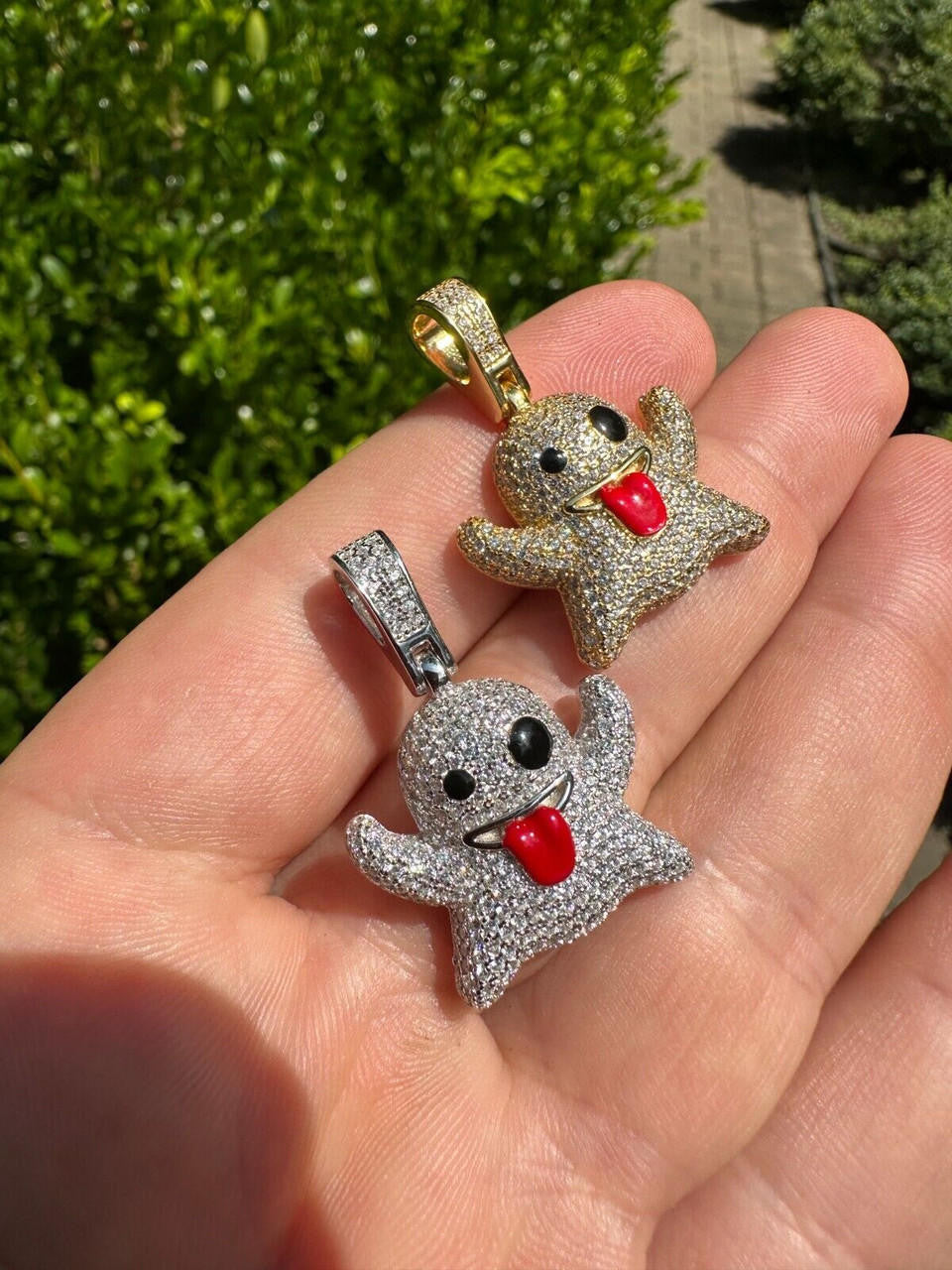 Laughing Ghost Piece Pendant - 14k Gold Vermeil Or 925 Silver - CZ Stones - Small 1"