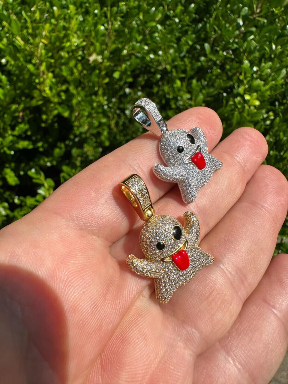 Laughing Ghost Piece Pendant - 14k Gold Vermeil Or 925 Silver - CZ Stones - Small 1"