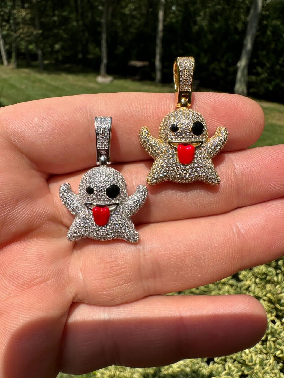 Laughing Ghost Piece Pendant - 14k Gold Vermeil Or 925 Silver - CZ Stones - Small 1"