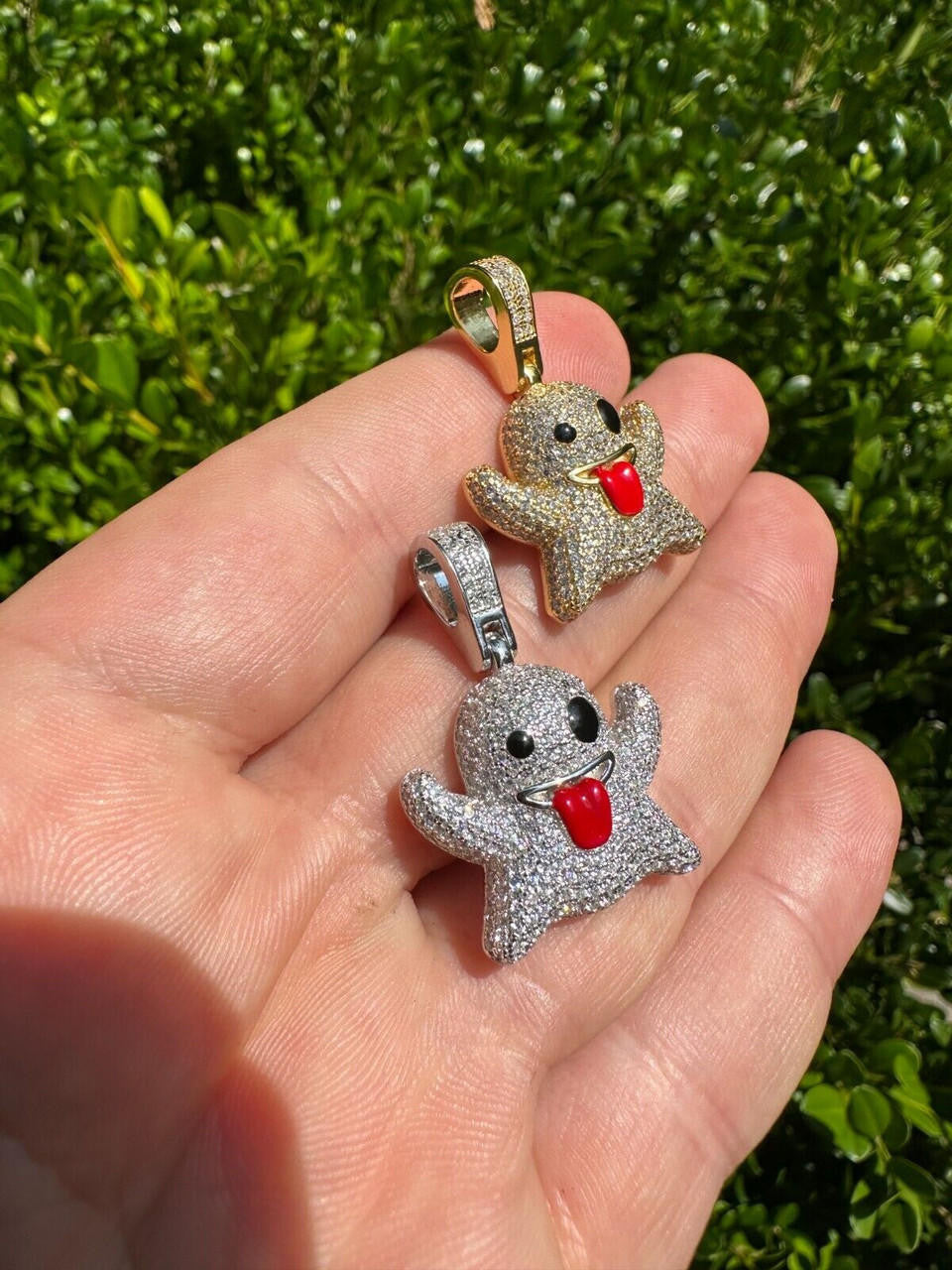 Laughing Ghost Piece Pendant - 14k Gold Vermeil Or 925 Silver - CZ Stones - Small 1"