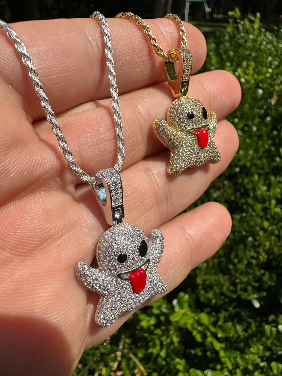 Laughing Ghost Piece Pendant - 14k Gold Vermeil Or 925 Silver - CZ Stones - Small 1"