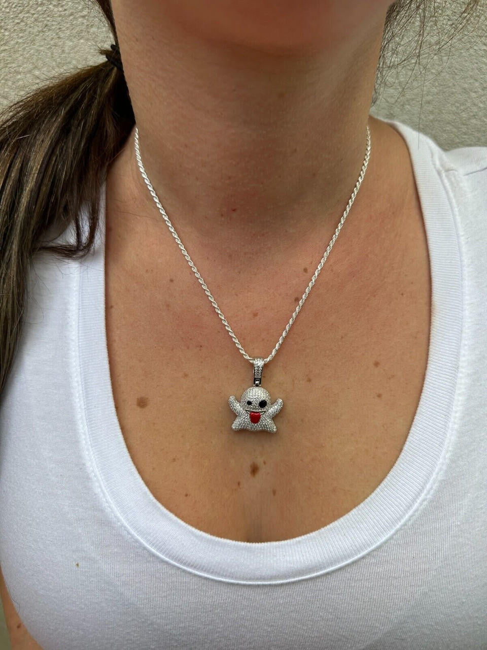 Laughing Ghost Piece Pendant - 14k Gold Vermeil Or 925 Silver - CZ Stones - Small 1"