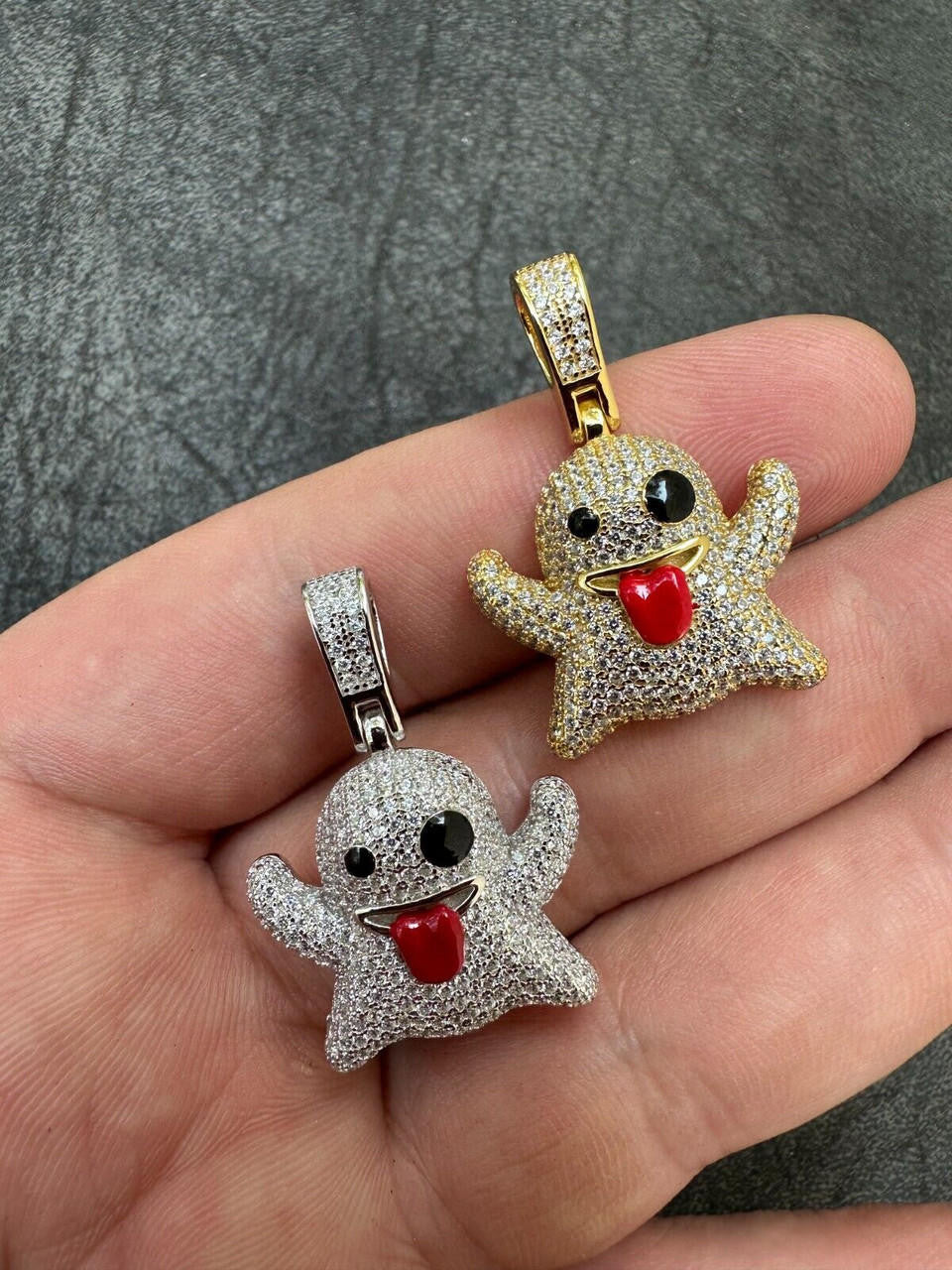 Laughing Ghost Piece Pendant - 14k Gold Vermeil Or 925 Silver - CZ Stones - Small 1"