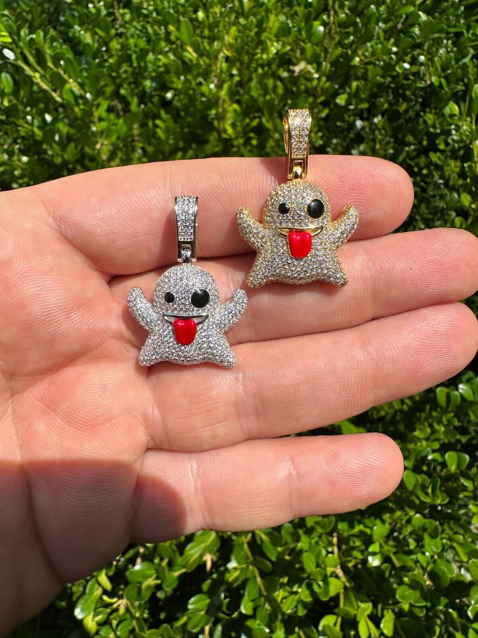 Laughing Ghost Piece Pendant - 14k Gold Vermeil Or 925 Silver - CZ Stones - Small 1"