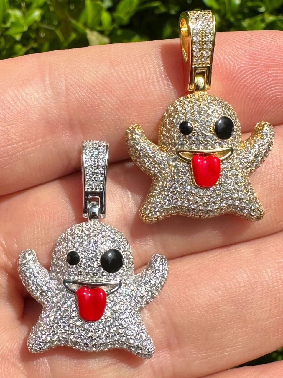 Laughing Ghost Piece Pendant - 14k Gold Vermeil Or 925 Silver - CZ Stones - Small 1"