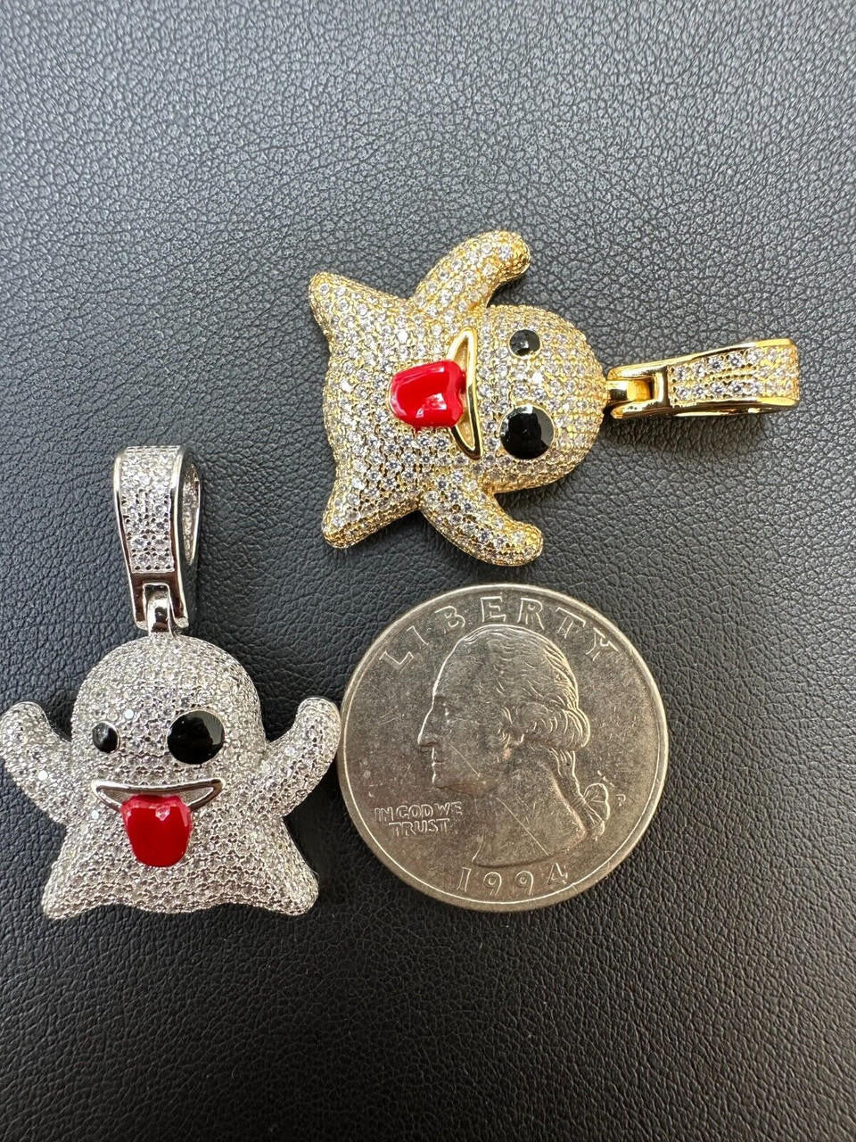 Laughing Ghost Piece Pendant - 14k Gold Vermeil Or 925 Silver - CZ Stones - Small 1"