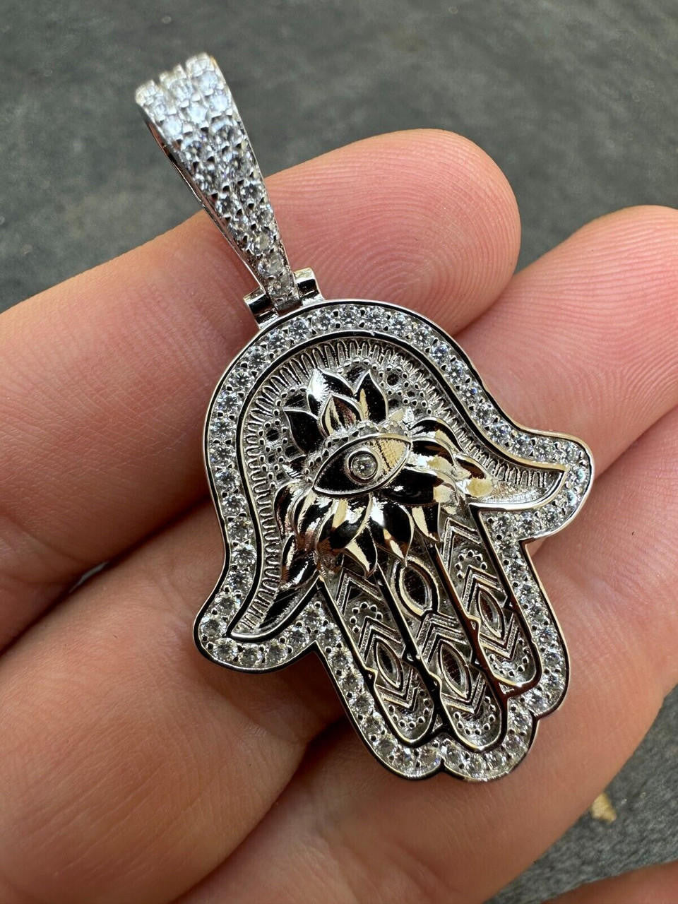 MOISSANITE Hamsa Evil Eye Hand Pendant - 925 Silver - 3 Sizes 1.25"-2.75"