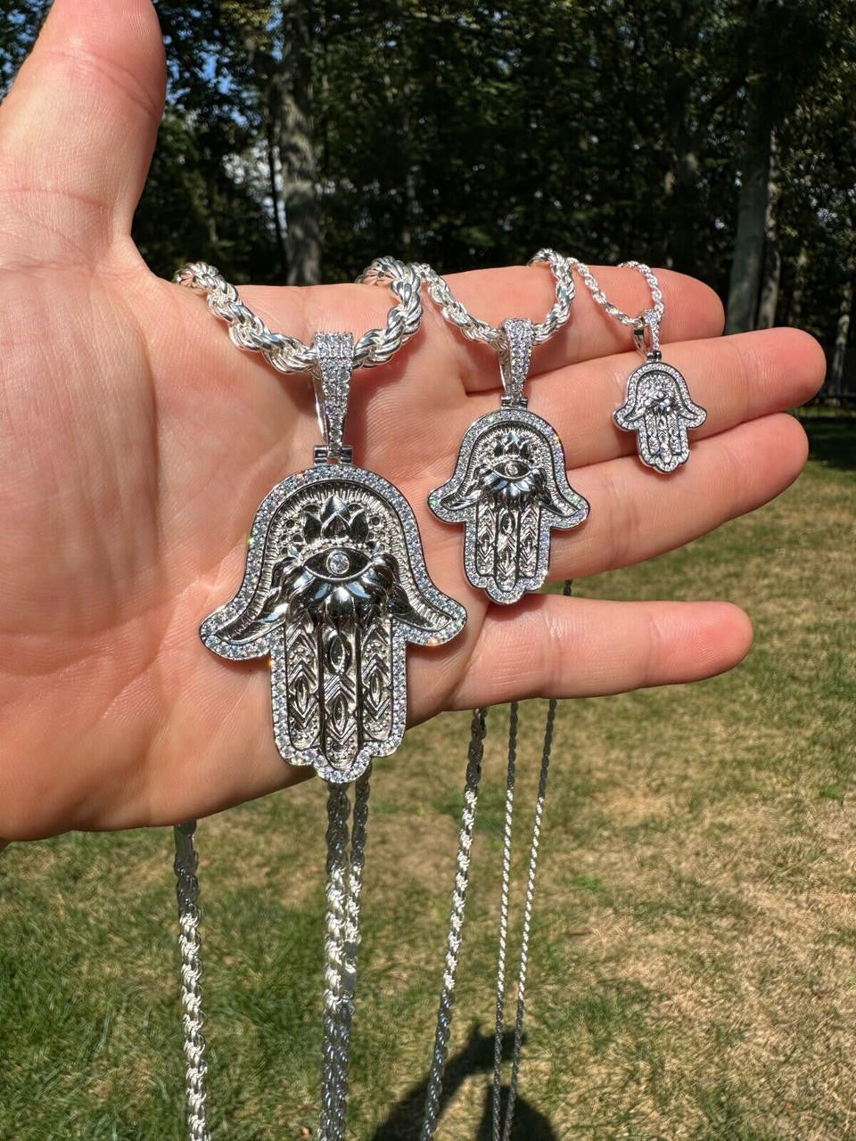 MOISSANITE Hamsa Evil Eye Hand Pendant - 925 Silver - 3 Sizes 1.25"-2.75"