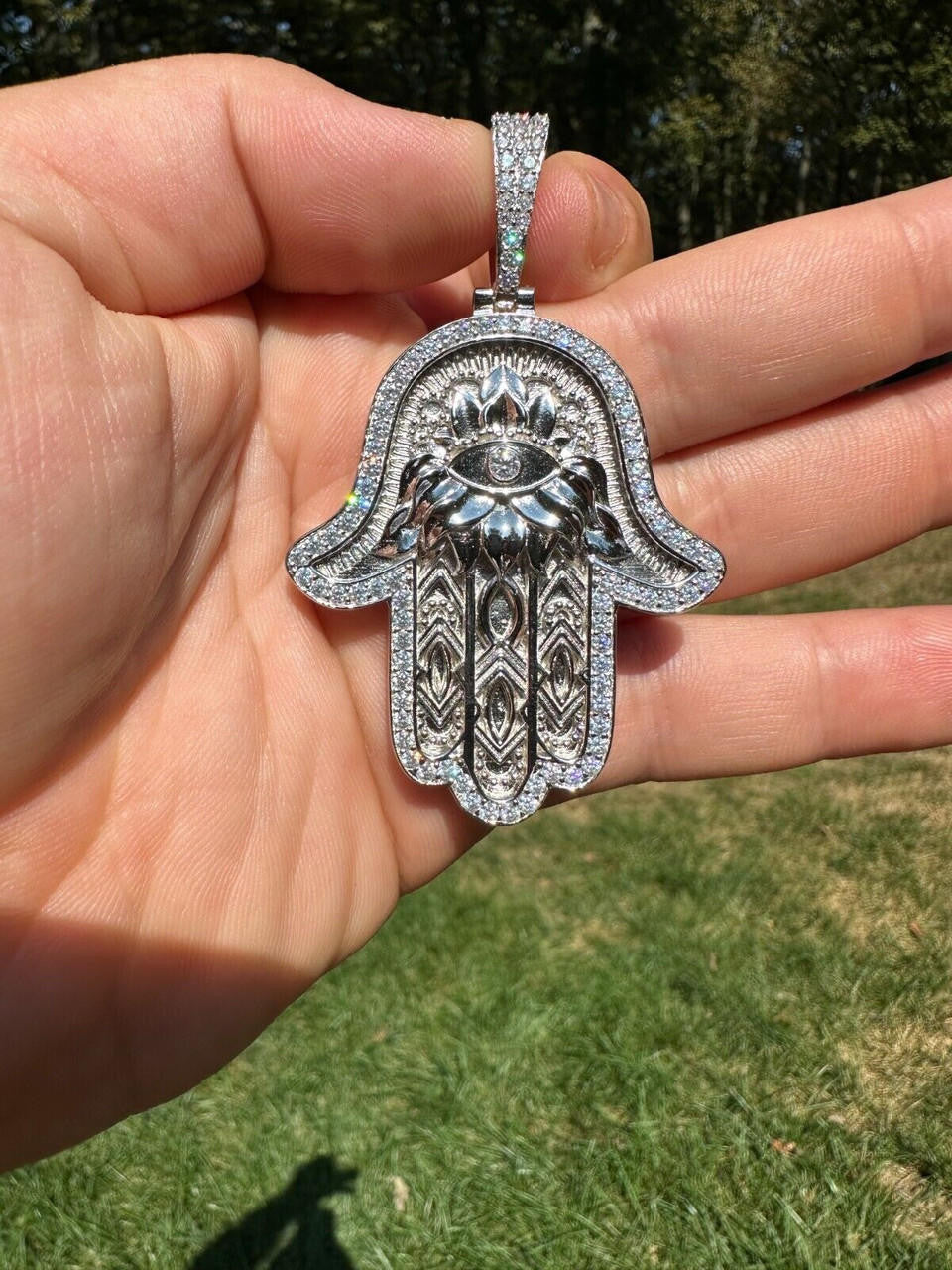 MOISSANITE Hamsa Evil Eye Hand Pendant - 925 Silver - 3 Sizes 1.25"-2.75"