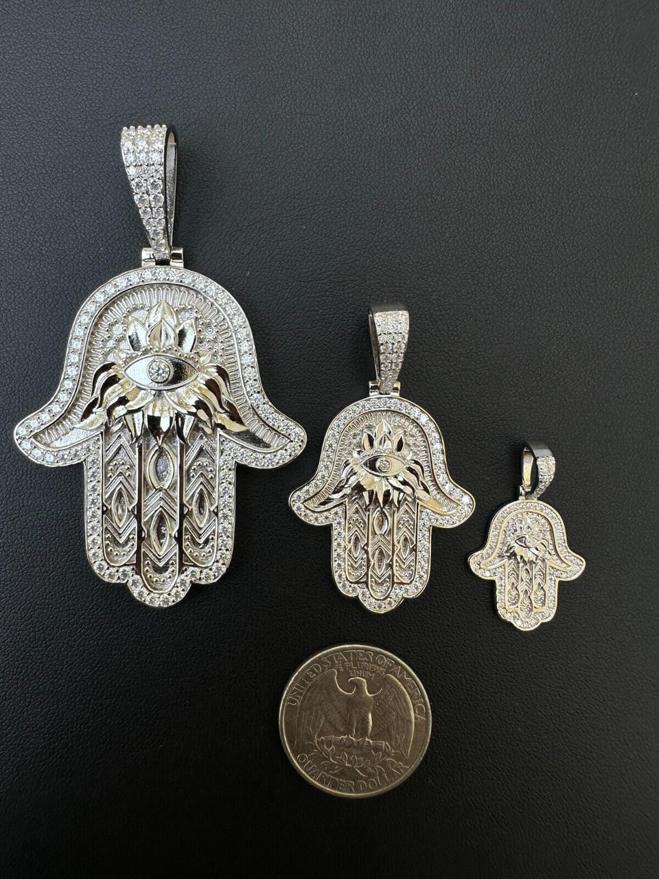 MOISSANITE Hamsa Evil Eye Hand Pendant - 925 Silver - 3 Sizes 1.25"-2.75"