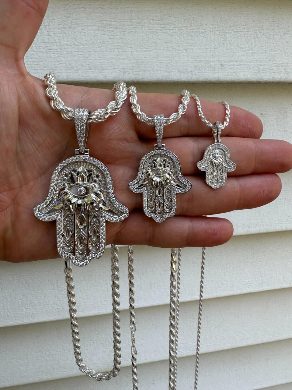 MOISSANITE Hamsa Evil Eye Hand Pendant - 925 Silver - 3 Sizes 1.25"-2.75"