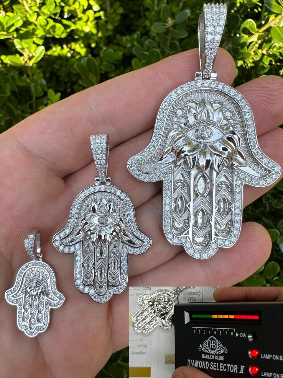 MOISSANITE Hamsa Evil Eye Hand Pendant - 925 Silver - 3 Sizes 1.25"-2.75"