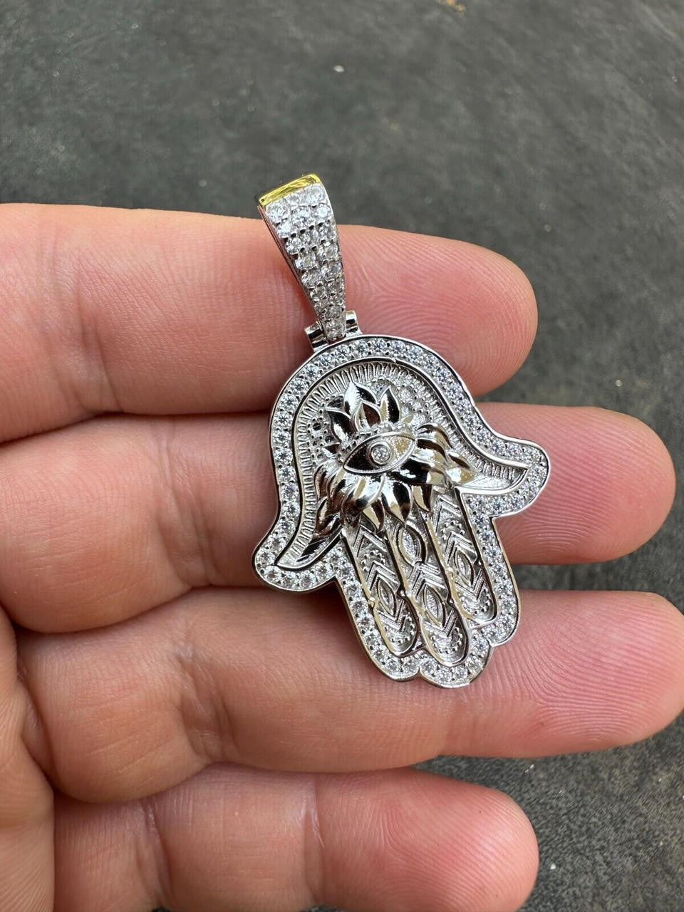 MOISSANITE Hamsa Evil Eye Hand Pendant - 925 Silver - 3 Sizes 1.25"-2.75"