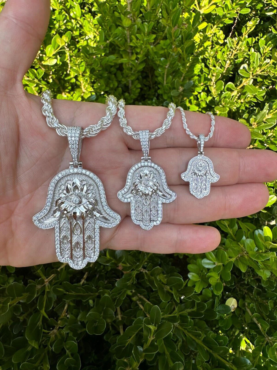 MOISSANITE Hamsa Evil Eye Hand Pendant - 925 Silver - 3 Sizes 1.25"-2.75"