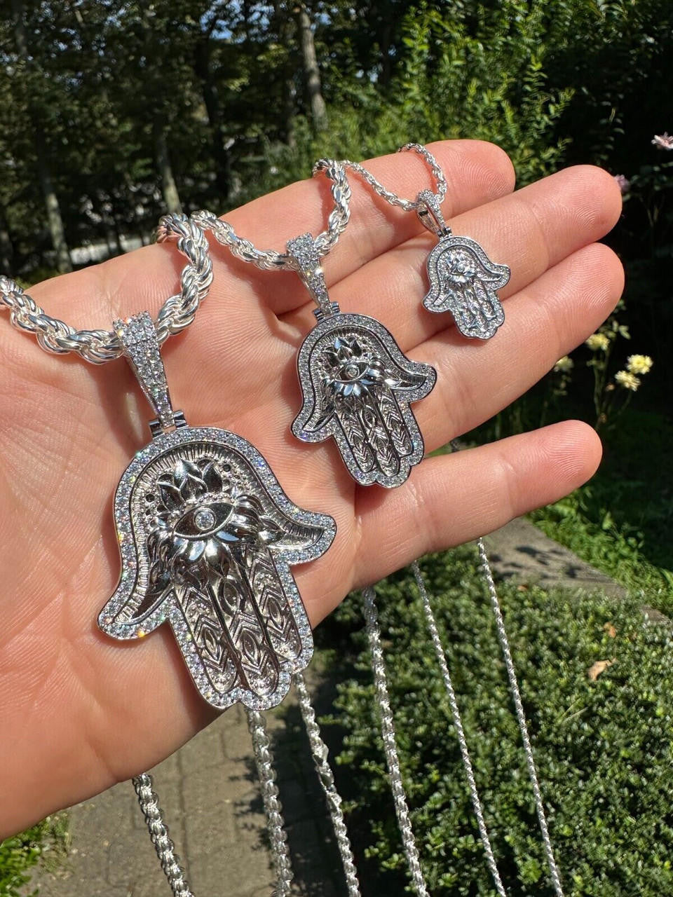 MOISSANITE Hamsa Evil Eye Hand Pendant - 925 Silver - 3 Sizes 1.25"-2.75"