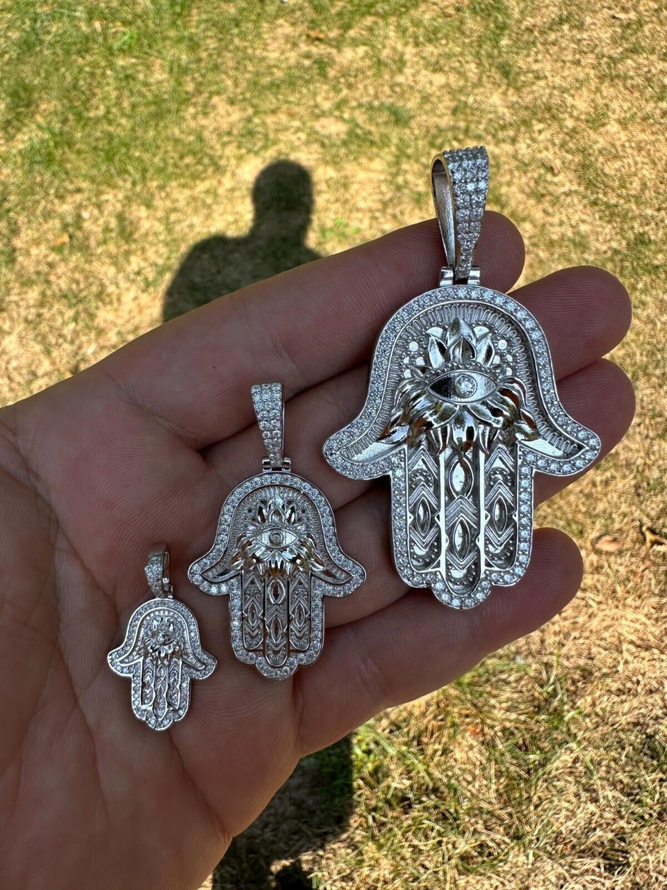 MOISSANITE Hamsa Evil Eye Hand Pendant - 925 Silver - 3 Sizes 1.25"-2.75"