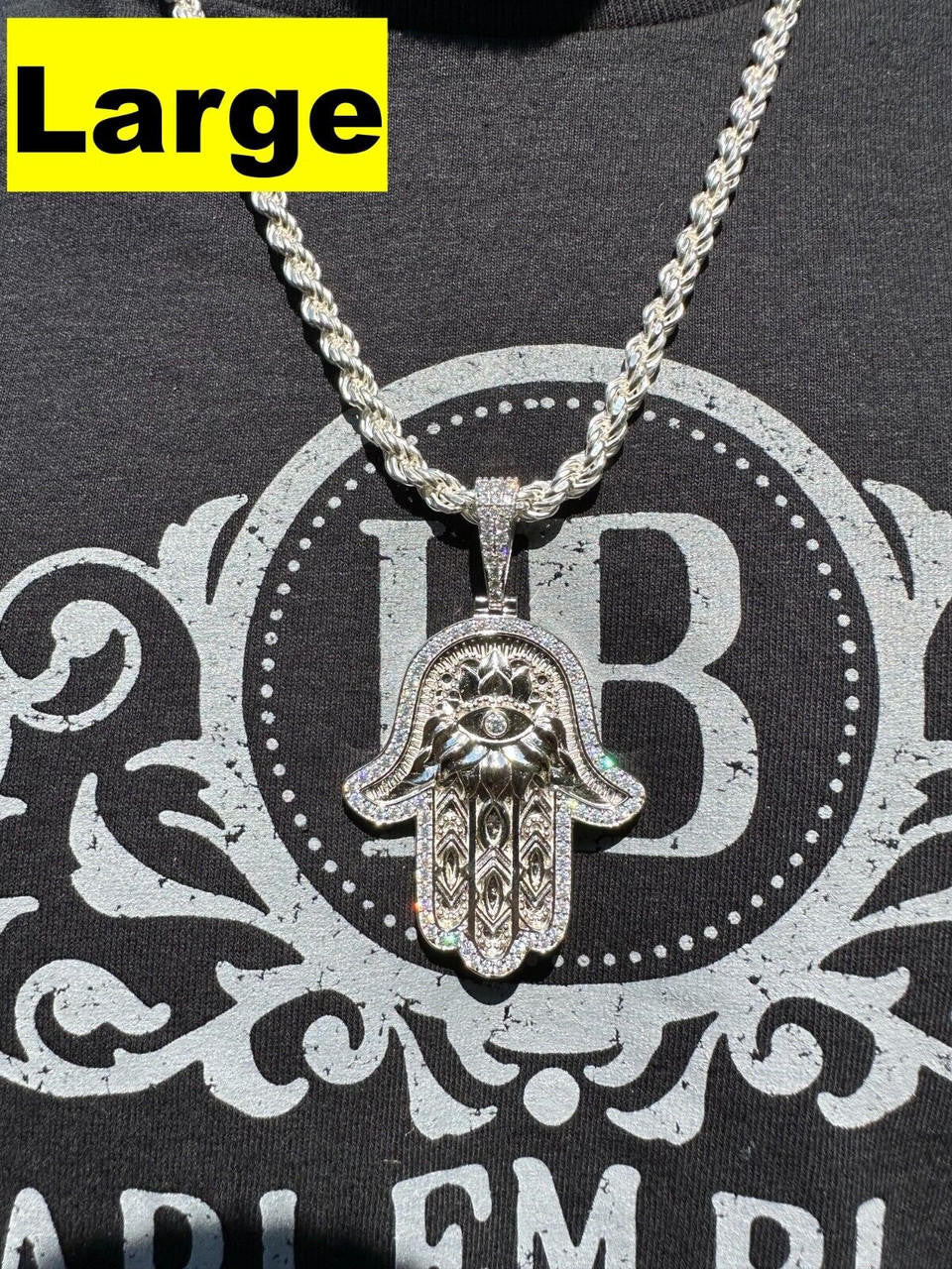 MOISSANITE Hamsa Evil Eye Hand Pendant - 925 Silver - 3 Sizes 1.25"-2.75"