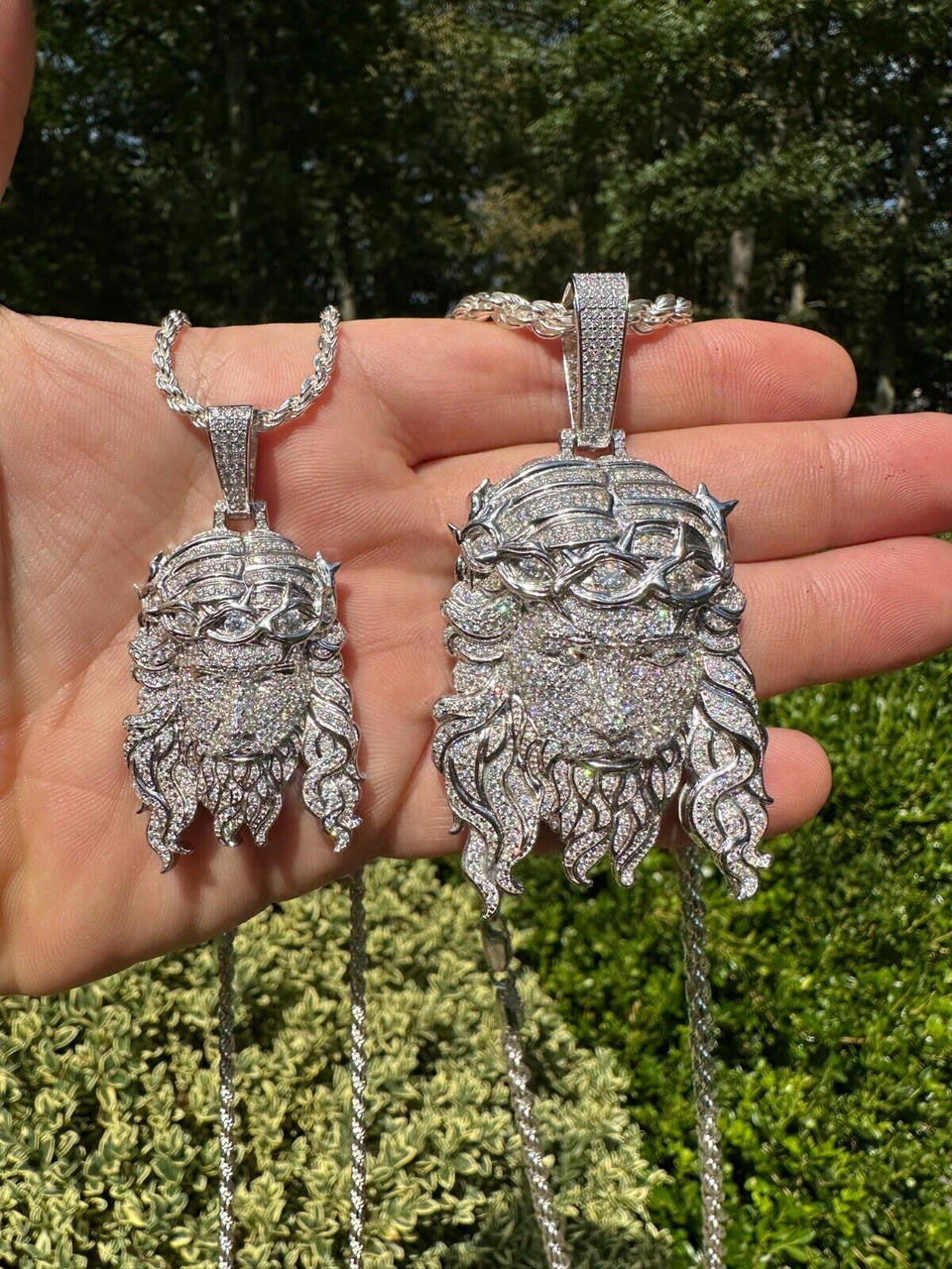 Jesus Bust Down Pendant - 925 Silver - CZ Stones - 2 Sizes 2.25"-3"