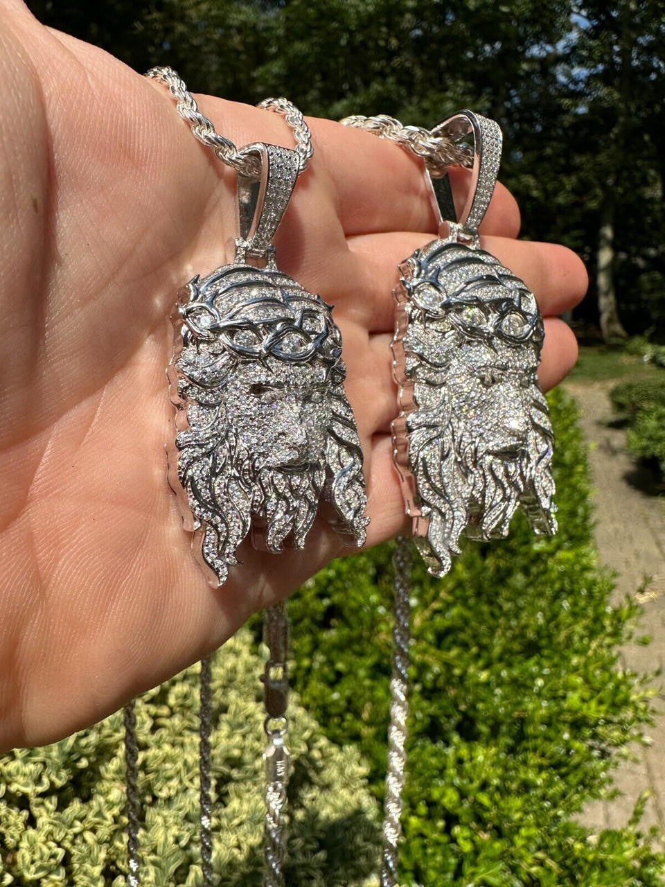 Jesus Bust Down Pendant - 925 Silver - CZ Stones - 2 Sizes 2.25"-3"