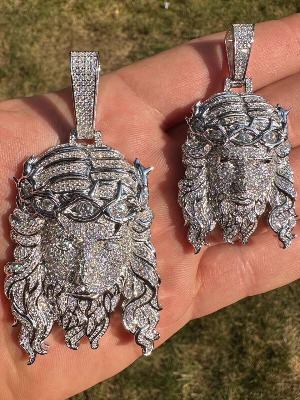 Jesus Bust Down Pendant - 925 Silver - CZ Stones - 2 Sizes 2.25"-3"