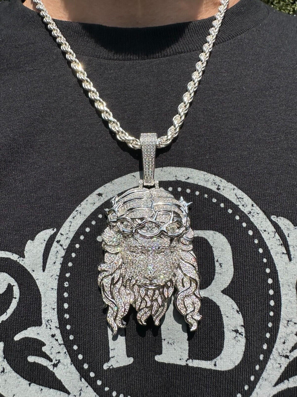 Jesus Bust Down Pendant - 925 Silver - CZ Stones - 2 Sizes 2.25"-3"
