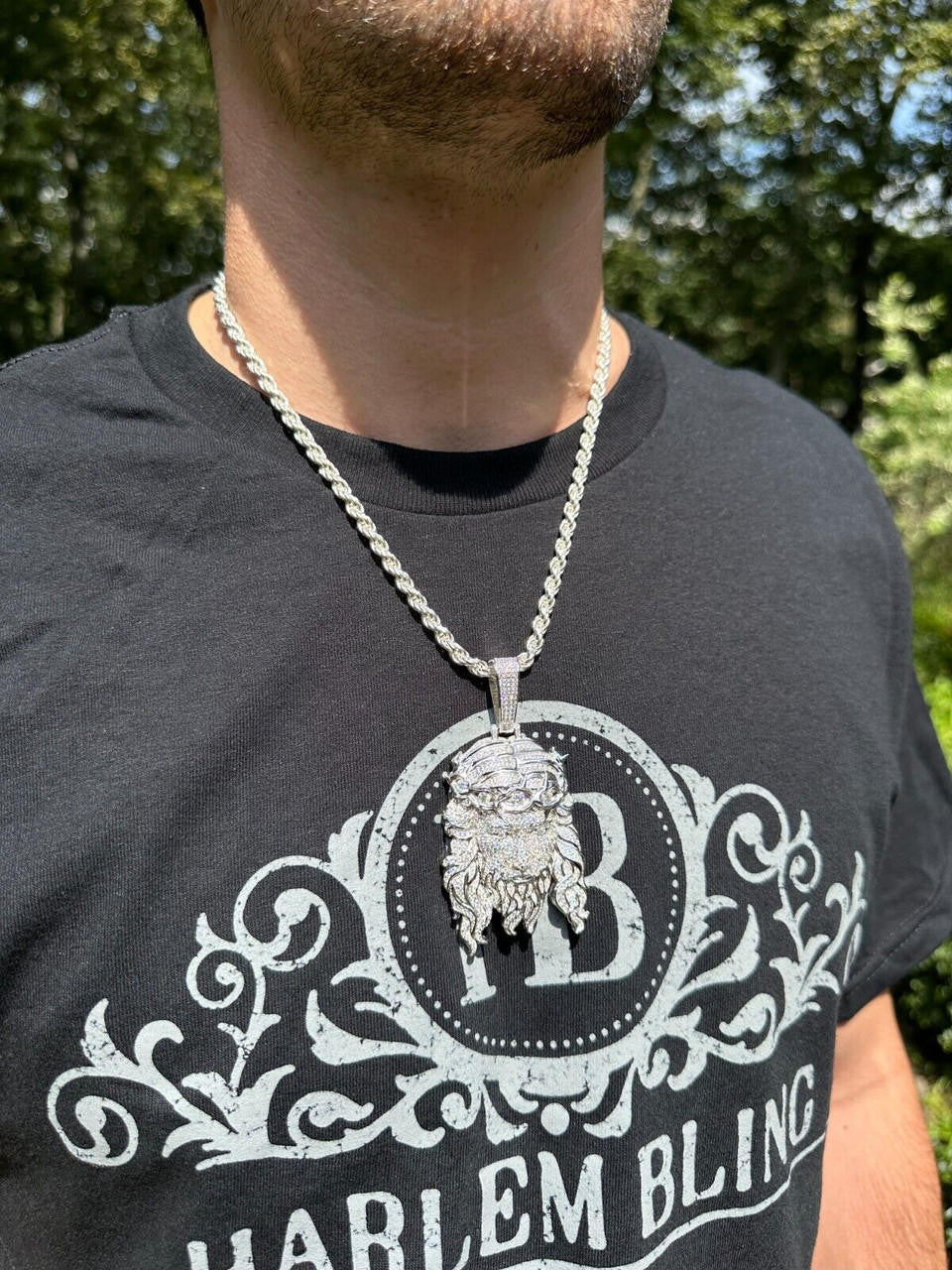 Jesus Bust Down Pendant - 925 Silver - CZ Stones - 2 Sizes 2.25"-3"