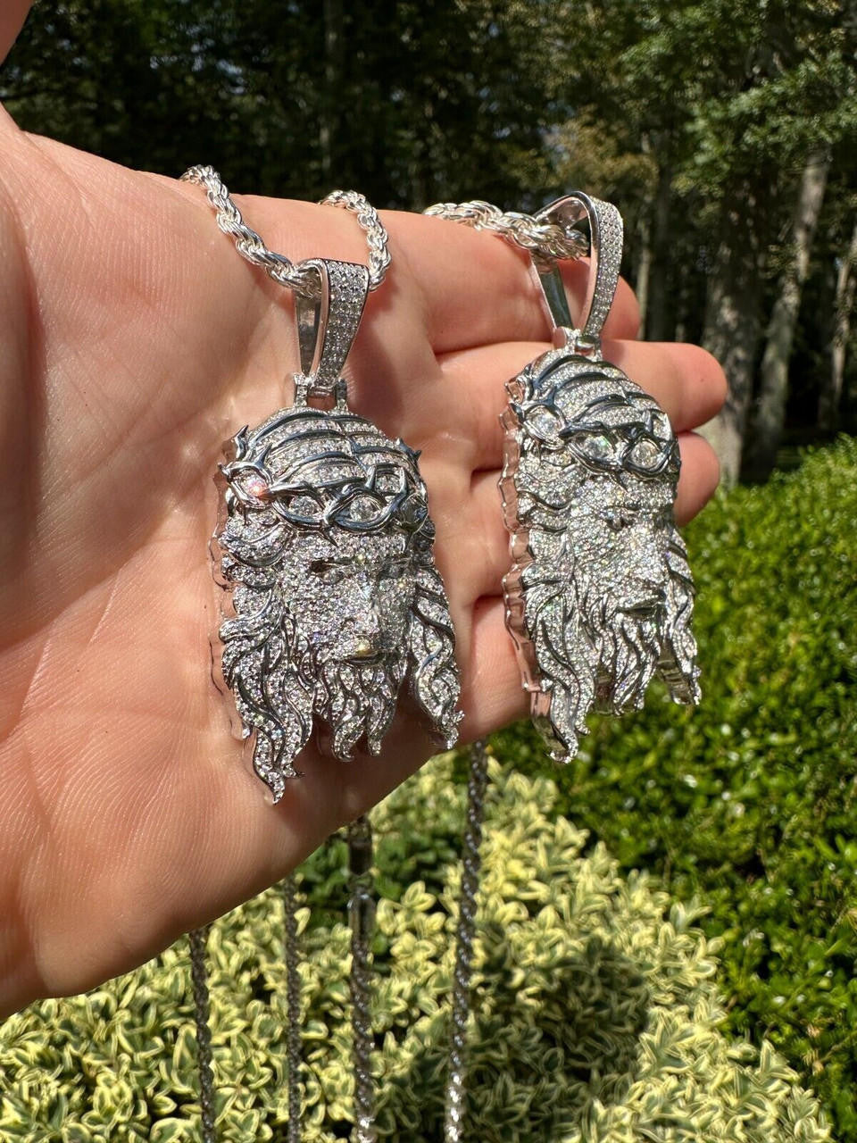Jesus Bust Down Pendant - 925 Silver - CZ Stones - 2 Sizes 2.25"-3"