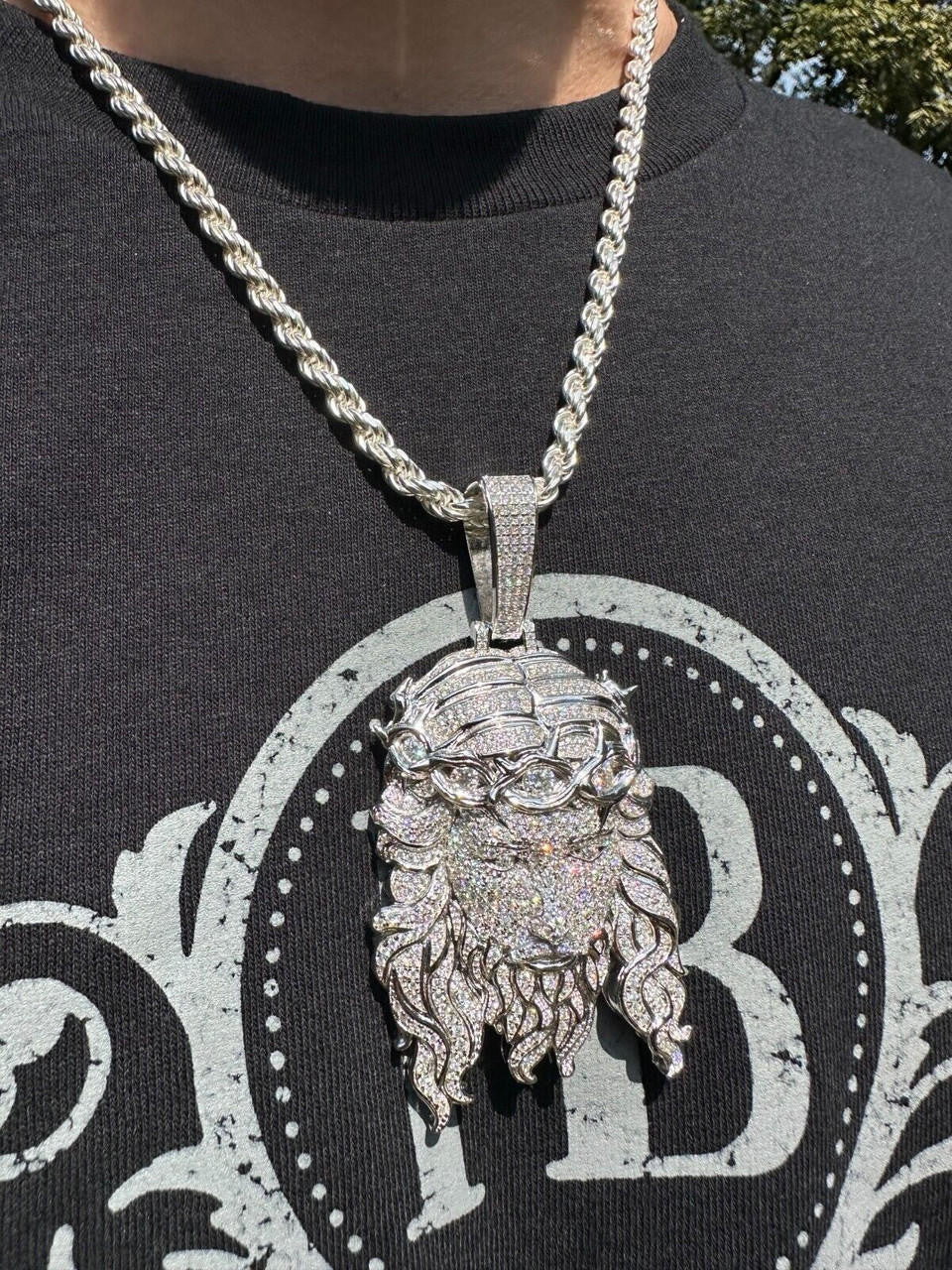 Jesus Bust Down Pendant - 925 Silver - CZ Stones - 2 Sizes 2.25"-3"