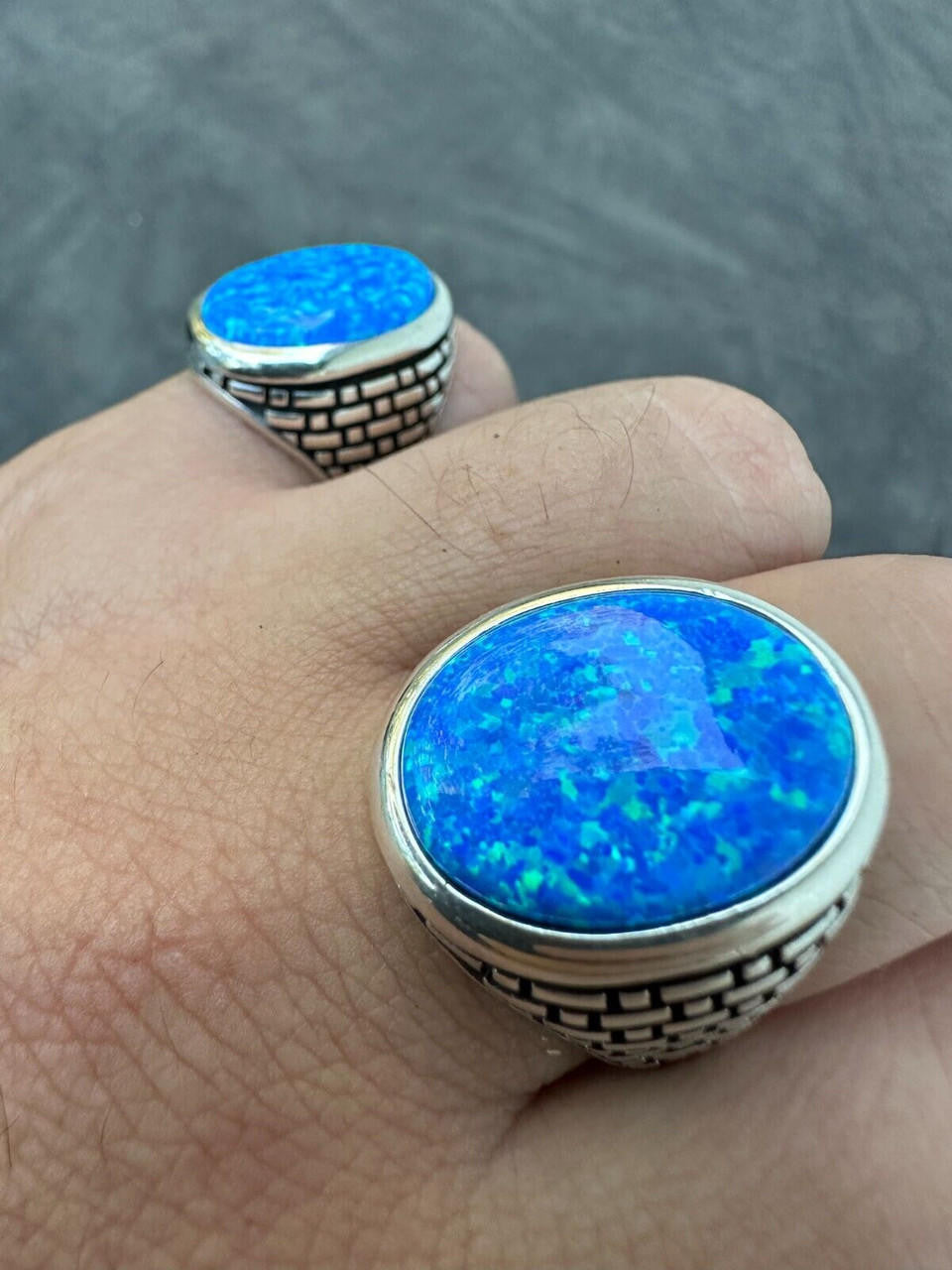 Large Oval Brick Road Ring - 925 Silver Oxidized W. Silver Bezel - Synthetic Blue Opal