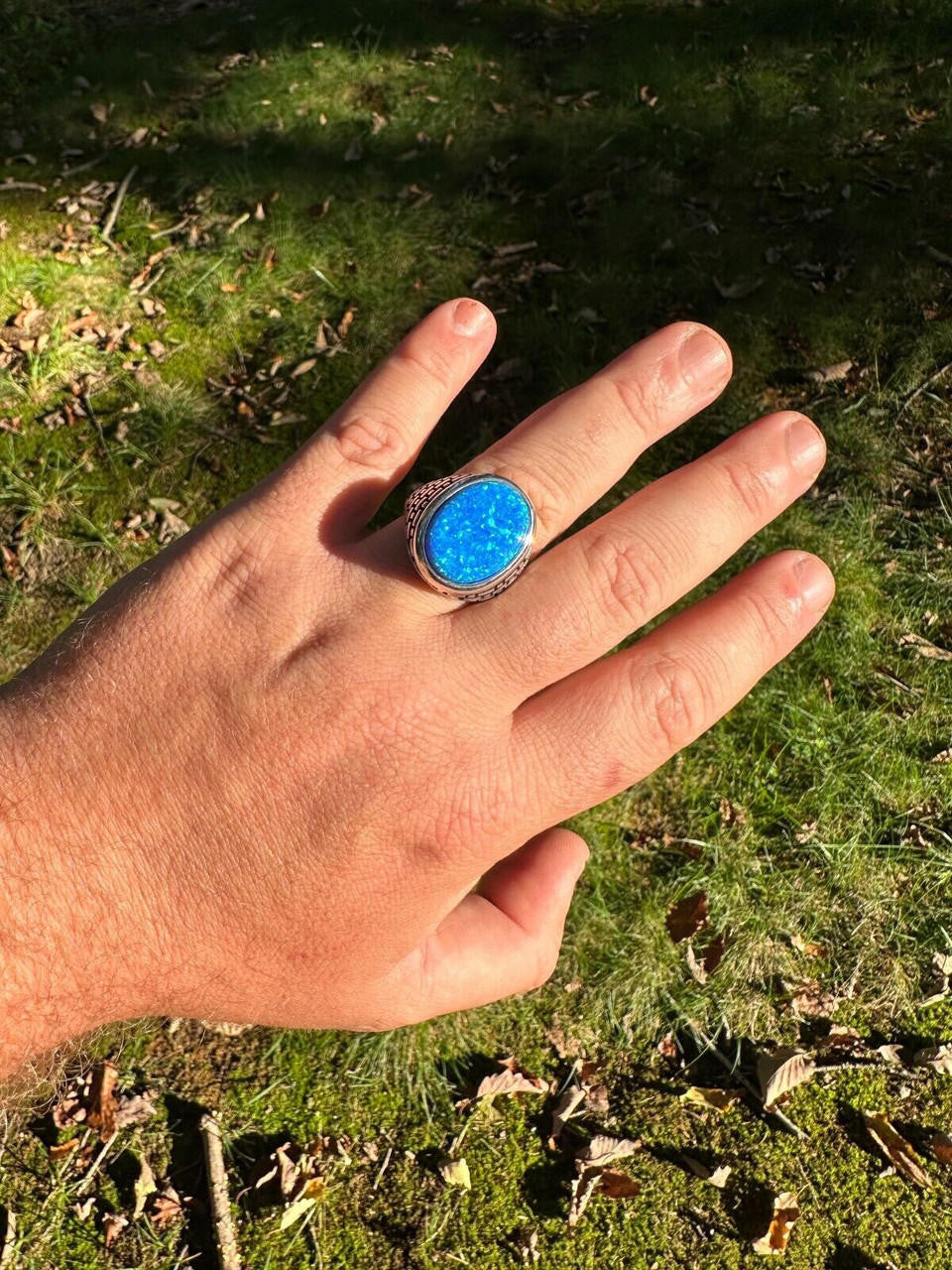 Large Oval Brick Road Ring - 925 Silver Oxidized W. Silver Bezel - Synthetic Blue Opal