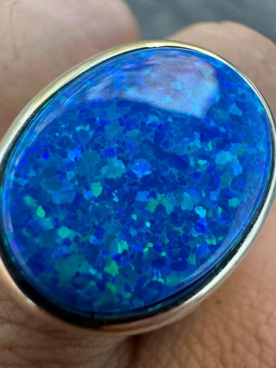 Large Oval Brick Road Ring - 925 Silver Oxidized W. Silver Bezel - Synthetic Blue Opal