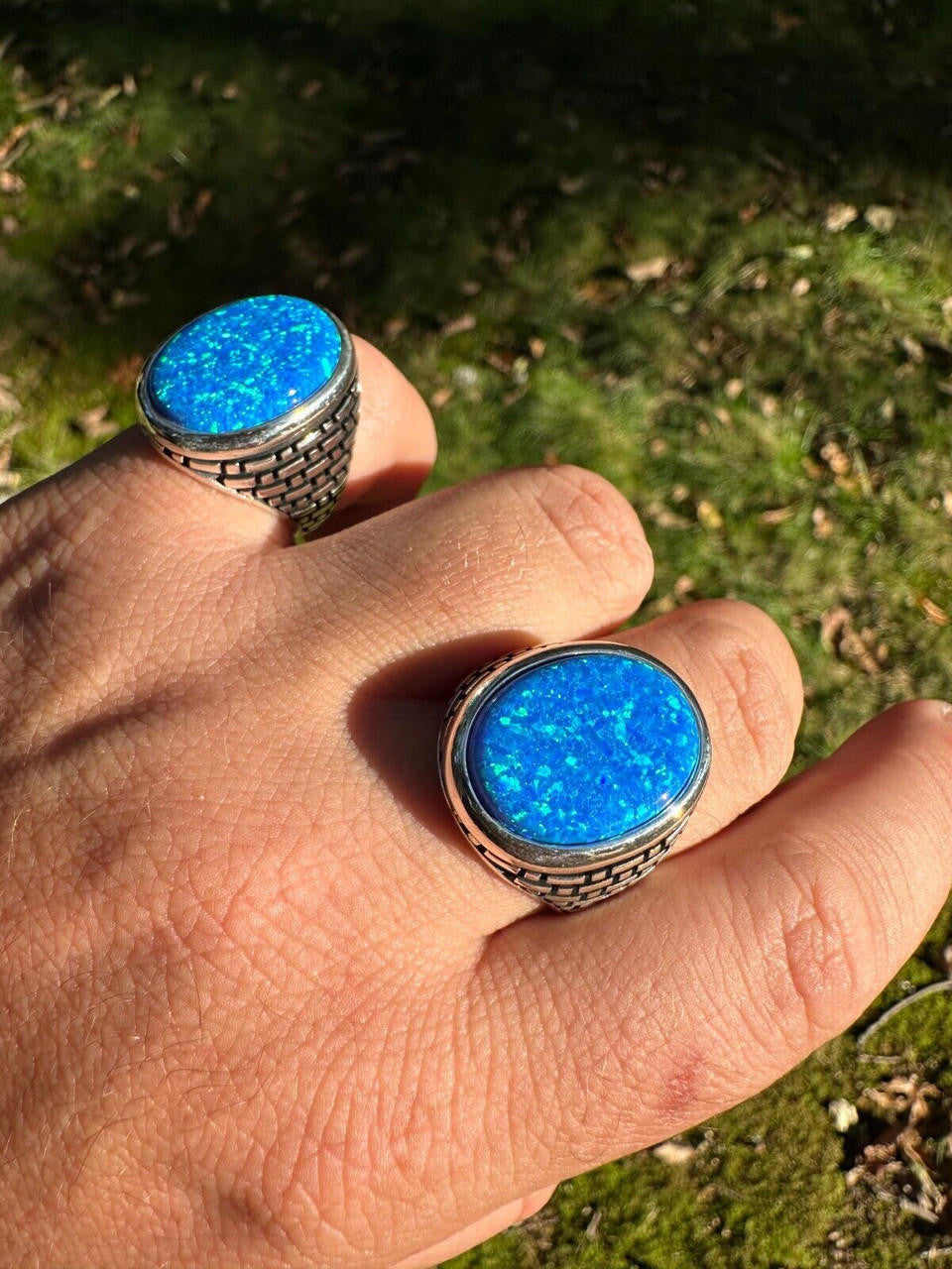 Large Oval Brick Road Ring - 925 Silver Oxidized W. Silver Bezel - Synthetic Blue Opal