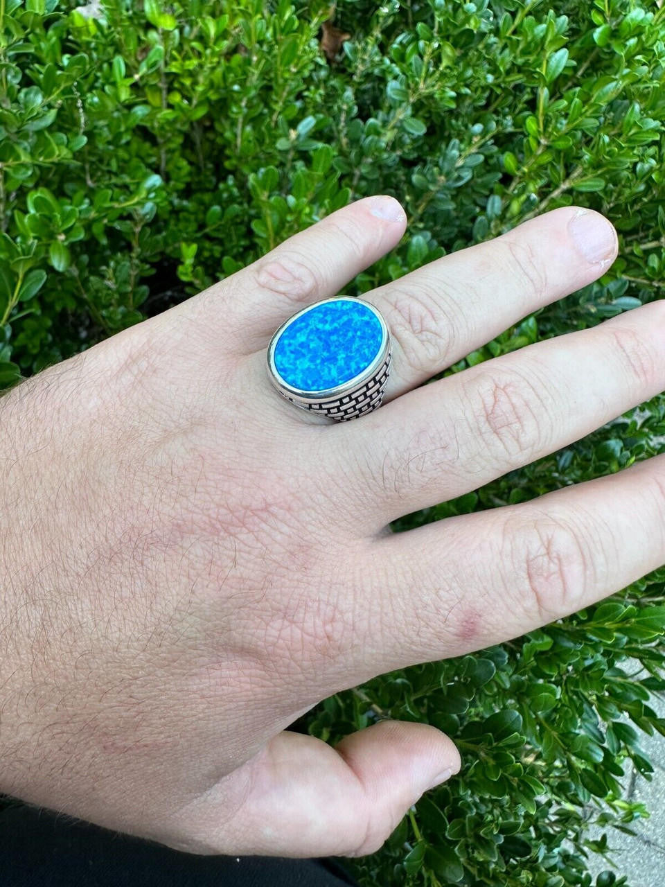 Large Oval Brick Road Ring - 925 Silver Oxidized W. Silver Bezel - Synthetic Blue Opal