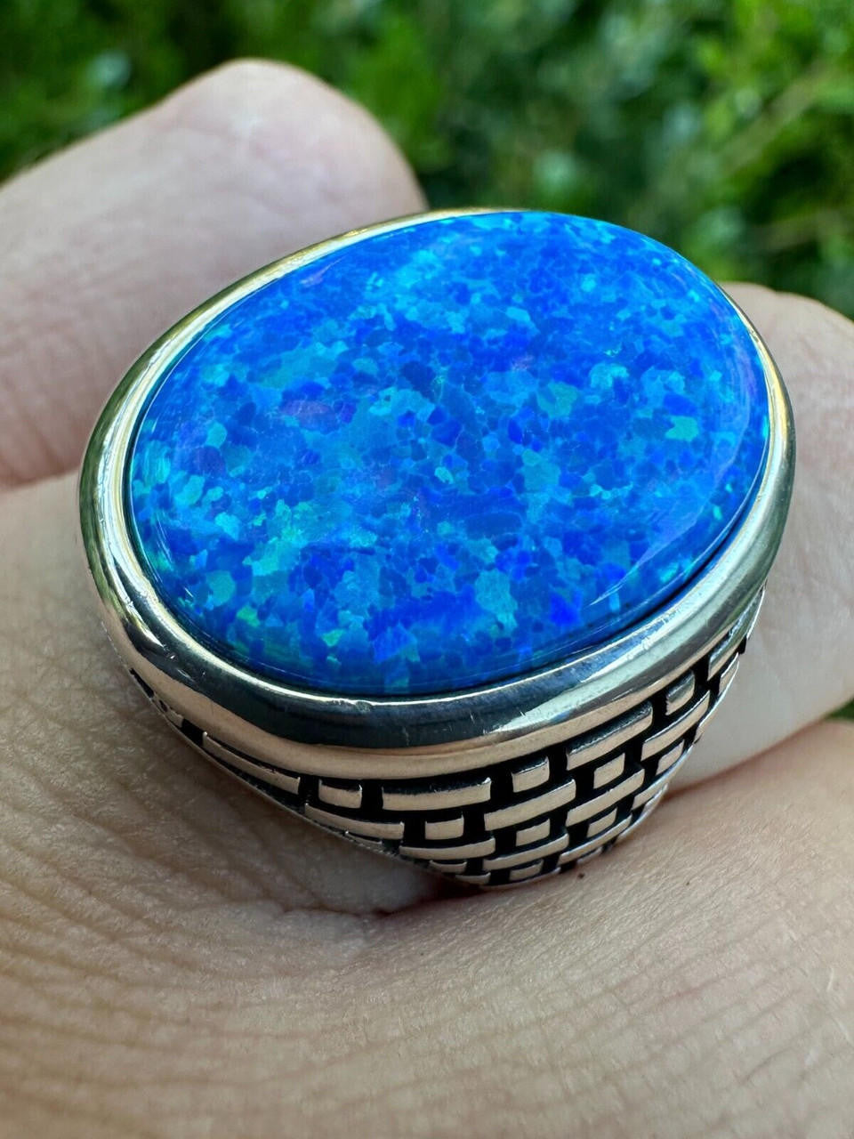 Large Oval Brick Road Ring - 925 Silver Oxidized W. Silver Bezel - Synthetic Blue Opal