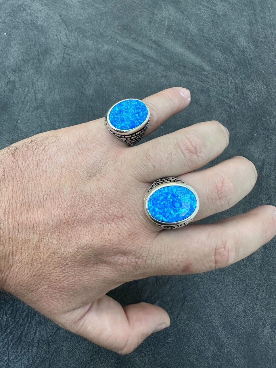 Large Oval Brick Road Ring - 925 Silver Oxidized W. Silver Bezel - Synthetic Blue Opal