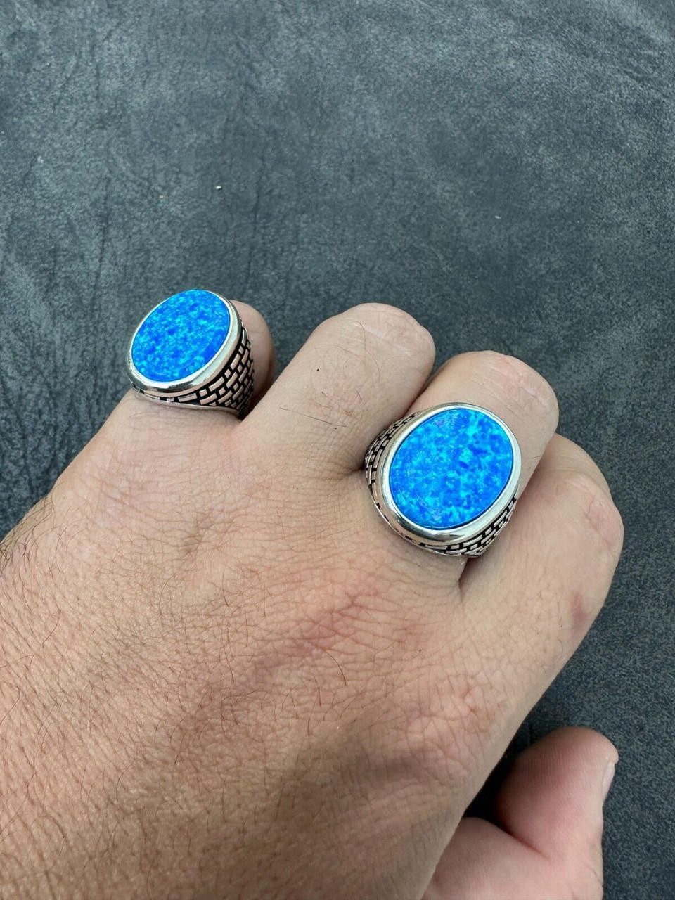 Large Oval Brick Road Ring - 925 Silver Oxidized W. Silver Bezel - Synthetic Blue Opal