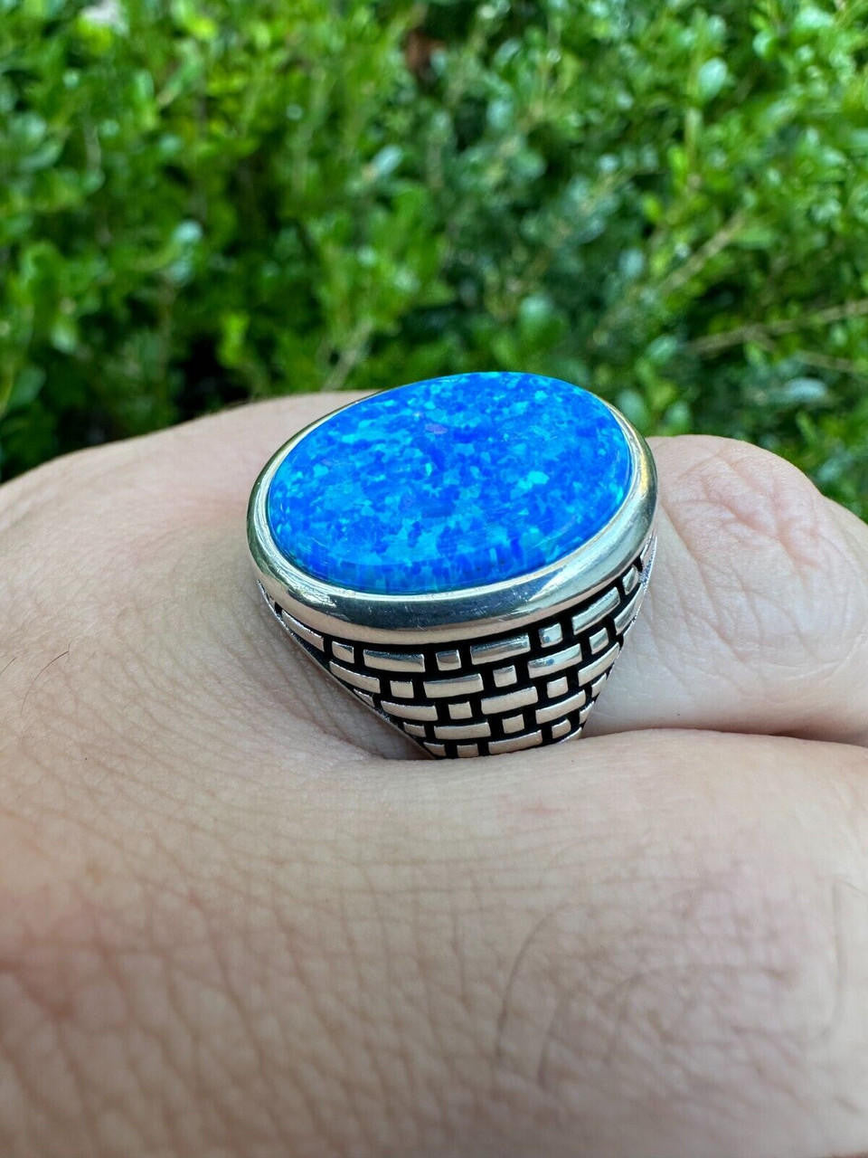 Large Oval Brick Road Ring - 925 Silver Oxidized W. Silver Bezel - Synthetic Blue Opal