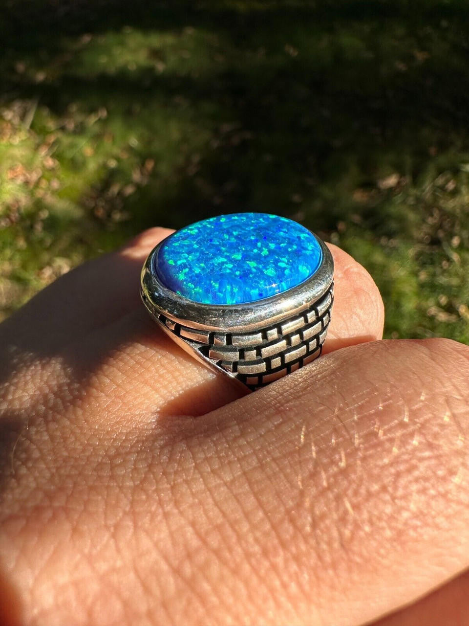 Large Oval Brick Road Ring - 925 Silver Oxidized W. Silver Bezel - Synthetic Blue Opal