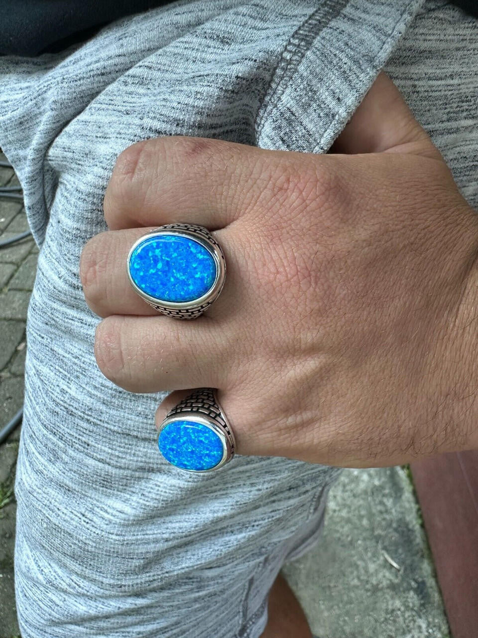 Large Oval Brick Road Ring - 925 Silver Oxidized W. Silver Bezel - Synthetic Blue Opal