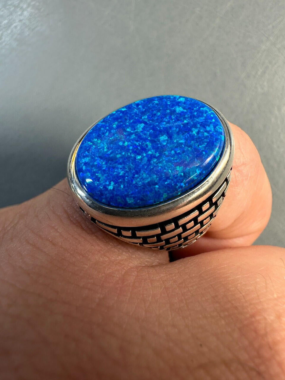 Large Oval Brick Road Ring - 925 Silver Oxidized W. Silver Bezel - Synthetic Blue Opal