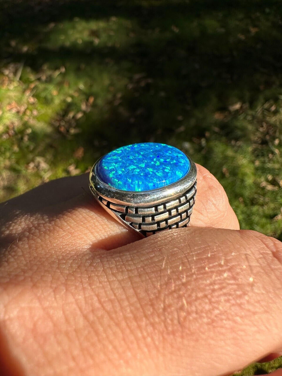 Large Oval Brick Road Ring - 925 Silver Oxidized W. Silver Bezel - Synthetic Blue Opal