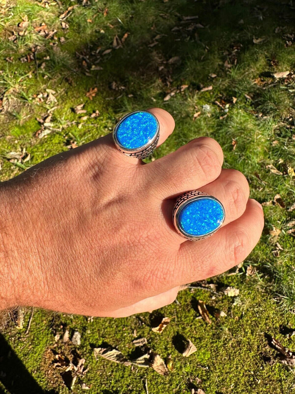 Large Oval Brick Road Ring - 925 Silver Oxidized W. Silver Bezel - Synthetic Blue Opal