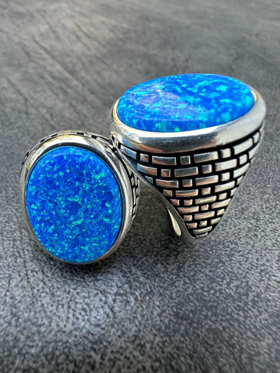 Large Oval Brick Road Ring - 925 Silver Oxidized W. Silver Bezel - Synthetic Blue Opal