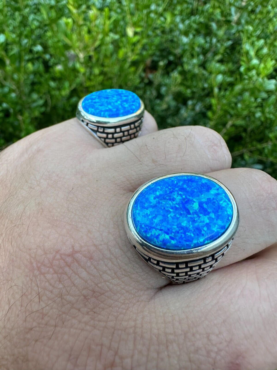 Large Oval Brick Road Ring - 925 Silver Oxidized W. Silver Bezel - Synthetic Blue Opal